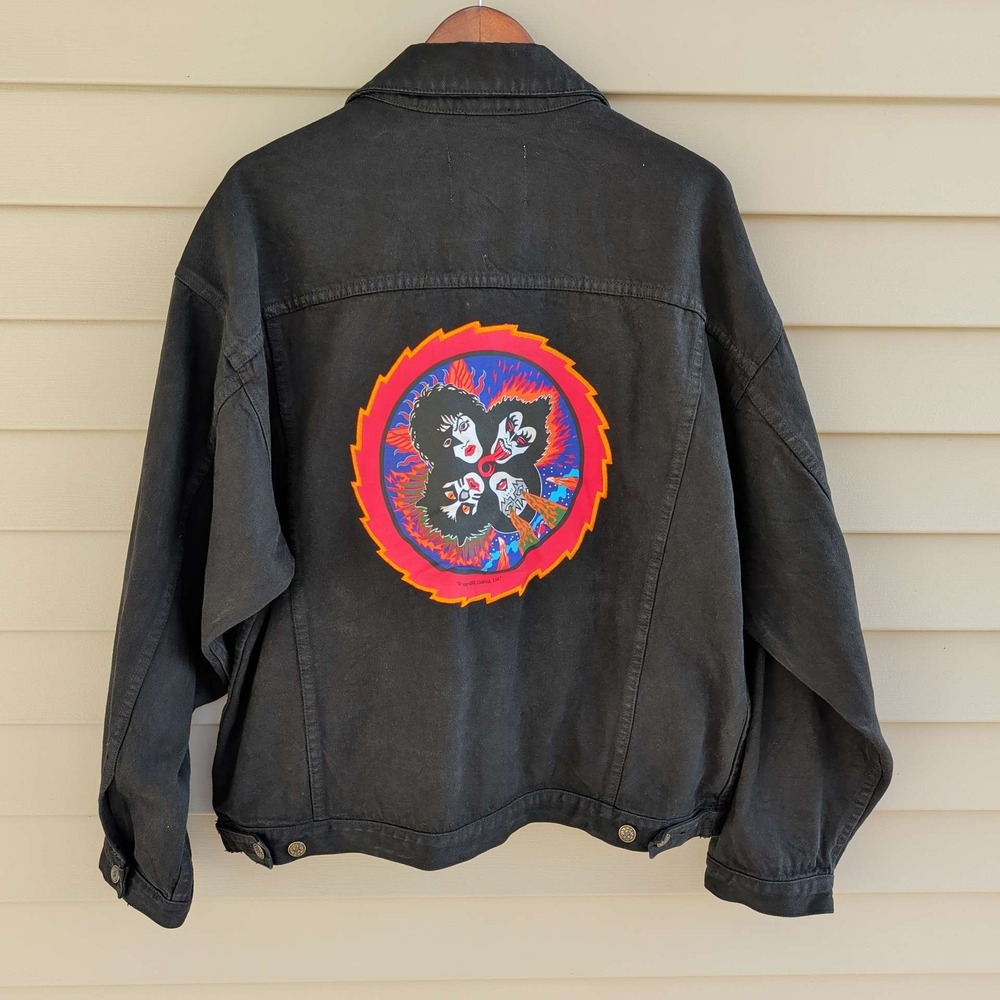 Vintage KISS Denim Jacket Mens XL Black 1997 Prime Time Merchandise Band Logo - Picture 2 of 6